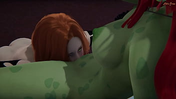 Poison Ivy fucks Black Widow with a sex toy until she cums.