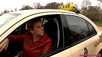 Horny milf driving taxi and fucking with stranger, eating his cum