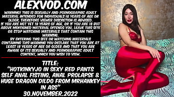 Hotkinkyjo in sexy red pants self anal fisting, anal prolapse & huge dragon dildo from mrhankey in ass